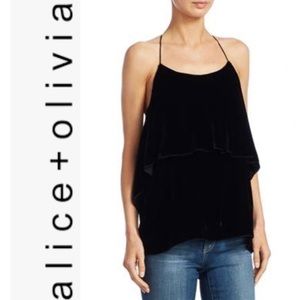 Alice + Olivia💕Marybeth Halter Ruffle Velvet Top in Black Size S
